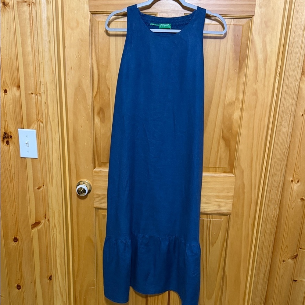 United Colors Of Benetton Blue Sleeveless Linen Maxi Dress with Ruffle Hem.